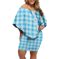 Blue Hawaii Palaka Family Matching Off Shoulder Short Dress and Hawaiian Shirt Hawaiian Honohono Lei LT05 Mom's Dress Blue - Polynesian Pride