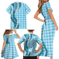 Blue Hawaii Palaka Family Matching Short Sleeve Bodycon Dress and Hawaiian Shirt Hawaiian Honohono Lei LT05 - Polynesian Pride