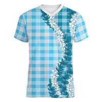 Blue Hawaii Palaka Women V-Neck T-Shirt Hawaiian Honohono Lei LT05 Female Blue - Polynesian Pride
