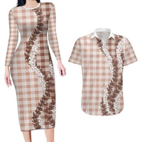 Beige Hawaii Palaka Couples Matching Long Sleeve Bodycon Dress and Hawaiian Shirt Hawaiian Honohono Lei LT05 Beige - Polynesian Pride