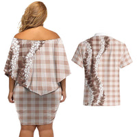 Beige Hawaii Palaka Couples Matching Off Shoulder Short Dress and Hawaiian Shirt Hawaiian Honohono Lei LT05 - Polynesian Pride