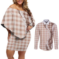 Beige Hawaii Palaka Couples Matching Off Shoulder Short Dress and Long Sleeve Button Shirt Hawaiian Honohono Lei LT05 Beige - Polynesian Pride