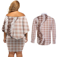 Beige Hawaii Palaka Couples Matching Off Shoulder Short Dress and Long Sleeve Button Shirt Hawaiian Honohono Lei LT05 - Polynesian Pride