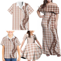 Beige Hawaii Palaka Family Matching Off Shoulder Maxi Dress and Hawaiian Shirt Hawaiian Honohono Lei LT05 - Polynesian Pride