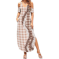 Beige Hawaii Palaka Family Matching Summer Maxi Dress and Hawaiian Shirt Hawaiian Honohono Lei LT05 Mom's Dress Beige - Polynesian Pride