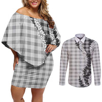 Gray Hawaii Palaka Couples Matching Off Shoulder Short Dress and Long Sleeve Button Shirt Hawaiian Honohono Lei LT05 Gray - Polynesian Pride