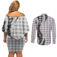 Gray Hawaii Palaka Couples Matching Off Shoulder Short Dress and Long Sleeve Button Shirt Hawaiian Honohono Lei LT05 - Polynesian Pride