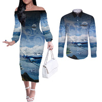 New Zealand Wanaka Air Show Couples Matching Off The Shoulder Long Sleeve Dress and Long Sleeve Button Shirt With Maori Pattern LT05 Blue - Polynesian Pride
