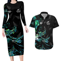 New Zealand Marathon Couples Matching Long Sleeve Bodycon Dress and Hawaiian Shirt Silver Fern Paua Shell Simple Style LT05 Black - Polynesian Pride