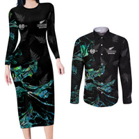 New Zealand Marathon Couples Matching Long Sleeve Bodycon Dress and Long Sleeve Button Shirt Silver Fern Paua Shell Simple Style LT05 Black - Polynesian Pride
