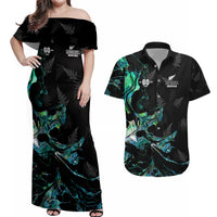 New Zealand Marathon Couples Matching Off Shoulder Maxi Dress and Hawaiian Shirt Silver Fern Paua Shell Simple Style LT05 Black - Polynesian Pride