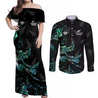 New Zealand Marathon Couples Matching Off Shoulder Maxi Dress and Long Sleeve Button Shirt Silver Fern Paua Shell Simple Style LT05 Black - Polynesian Pride