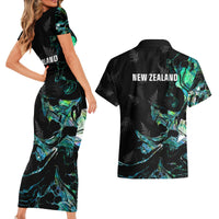 New Zealand Marathon Couples Matching Short Sleeve Bodycon Dress and Hawaiian Shirt Silver Fern Paua Shell Simple Style LT05 - Polynesian Pride