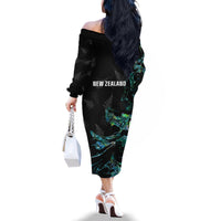 New Zealand Marathon Family Matching Off The Shoulder Long Sleeve Dress and Hawaiian Shirt Silver Fern Paua Shell Simple Style LT05 - Polynesian Pride