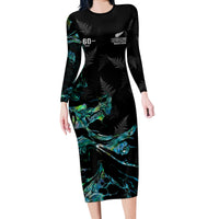 New Zealand Marathon Long Sleeve Bodycon Dress Silver Fern Paua Shell Simple Style LT05 Long Dress Black - Polynesian Pride