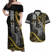 Hawaii King Kamehameha The Great Couples Matching Off Shoulder Maxi Dress and Hawaiian Shirt Gold Tribal Tattoo LT05 Gold - Polynesian Pride