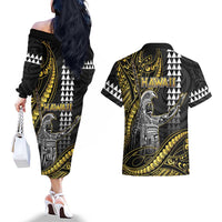 Hawaii King Kamehameha The Great Couples Matching Off The Shoulder Long Sleeve Dress and Hawaiian Shirt Gold Tribal Tattoo LT05 - Polynesian Pride