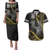 Hawaii King Kamehameha The Great Couples Matching Puletasi and Hawaiian Shirt Gold Tribal Tattoo LT05 Gold - Polynesian Pride