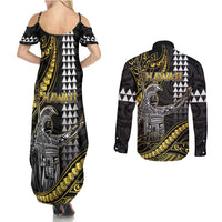 Hawaii King Kamehameha The Great Couples Matching Summer Maxi Dress and Long Sleeve Button Shirt Gold Tribal Tattoo LT05 - Polynesian Pride