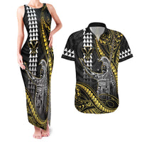 Hawaii King Kamehameha The Great Couples Matching Tank Maxi Dress and Hawaiian Shirt Gold Tribal Tattoo LT05 Gold - Polynesian Pride