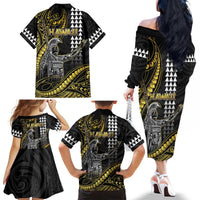 Hawaii King Kamehameha The Great Family Matching Off The Shoulder Long Sleeve Dress and Hawaiian Shirt Gold Tribal Tattoo LT05 - Polynesian Pride