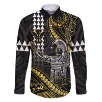 Hawaii King Kamehameha The Great Family Matching Off The Shoulder Long Sleeve Dress and Hawaiian Shirt Gold Tribal Tattoo LT05 Dad's Shirt - Long Sleeve Gold - Polynesian Pride
