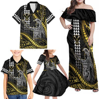 Hawaii King Kamehameha The Great Family Matching Off Shoulder Maxi Dress and Hawaiian Shirt Gold Tribal Tattoo LT05 - Polynesian Pride