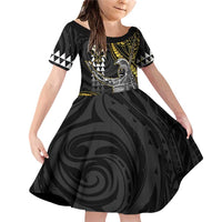 Hawaii King Kamehameha The Great Family Matching Off Shoulder Short Dress and Hawaiian Shirt Gold Tribal Tattoo LT05 Daughter's Dress Gold - Polynesian Pride
