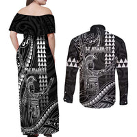 Hawaii King Kamehameha The Great Couples Matching Off Shoulder Maxi Dress and Long Sleeve Button Shirt Black Tribal Tattoo LT05 - Polynesian Pride