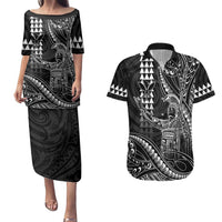 Hawaii King Kamehameha The Great Couples Matching Puletasi and Hawaiian Shirt Black Tribal Tattoo LT05 Black - Polynesian Pride