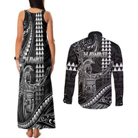 Hawaii King Kamehameha The Great Couples Matching Tank Maxi Dress and Long Sleeve Button Shirt Black Tribal Tattoo LT05 - Polynesian Pride
