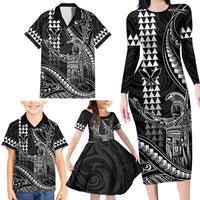 Hawaii King Kamehameha The Great Family Matching Long Sleeve Bodycon Dress and Hawaiian Shirt Black Tribal Tattoo LT05 - Polynesian Pride