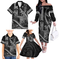 Hawaii King Kamehameha The Great Family Matching Off The Shoulder Long Sleeve Dress and Hawaiian Shirt Black Tribal Tattoo LT05 - Polynesian Pride