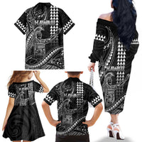 Hawaii King Kamehameha The Great Family Matching Off The Shoulder Long Sleeve Dress and Hawaiian Shirt Black Tribal Tattoo LT05 - Polynesian Pride