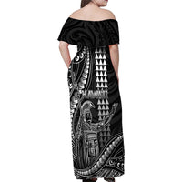 Hawaii King Kamehameha The Great Family Matching Off Shoulder Maxi Dress and Hawaiian Shirt Black Tribal Tattoo LT05 - Polynesian Pride