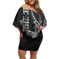 Hawaii King Kamehameha The Great Family Matching Off Shoulder Short Dress and Hawaiian Shirt Black Tribal Tattoo LT05 Mom's Dress Black - Polynesian Pride