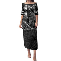 Hawaii King Kamehameha The Great Family Matching Puletasi and Hawaiian Shirt Black Tribal Tattoo LT05 Mom's Dress Black - Polynesian Pride