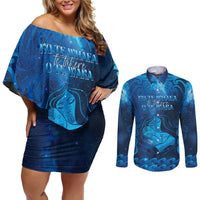 Personalised New Zealand Mother's Day Couples Matching Off Shoulder Short Dress and Long Sleeve Button Shirt Ko Te Whaea Te Takere O Te Waka LT05 Blue - Polynesian Pride