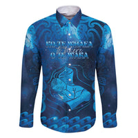 Personalised New Zealand Mother's Day Family Matching Off Shoulder Maxi Dress and Hawaiian Shirt Ko Te Whaea Te Takere O Te Waka LT05 Dad's Shirt - Long Sleeve Blue - Polynesian Pride