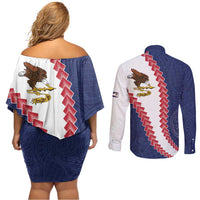 American Samoa Eagle Couples Matching Off Shoulder Short Dress and Long Sleeve Button Shirt Polynesian Tribal Pattern Curve Style