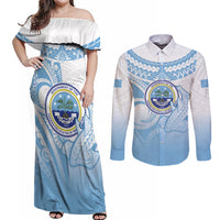 Micronesia Constitution Day Couples Matching Off Shoulder Maxi Dress and Long Sleeve Button Shirt Polynesian Tribal Tattoo Simple Style