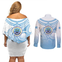 Micronesia Constitution Day Couples Matching Off Shoulder Short Dress and Long Sleeve Button Shirt Polynesian Tribal Tattoo Simple Style