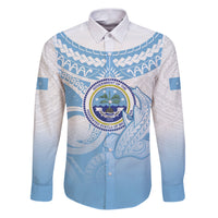 Micronesia Constitution Day Family Matching Puletasi and Hawaiian Shirt Polynesian Tribal Tattoo Simple Style LT05 Dad's Shirt - Long Sleeve Blue - Polynesian Pride