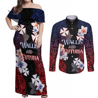 Wallis and Futuna Uvea Couples Matching Off Shoulder Maxi Dress and Long Sleeve Button Shirt Victory Day With Frangipani LT05 Black - Polynesian Pride