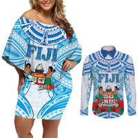 Personalised Fiji Ratu Sir Lala Sukuna Day Couples Matching Off Shoulder Short Dress and Long Sleeve Button Shirt Hibiscus Tapa Pattern LT05 Blue - Polynesian Pride