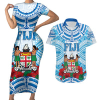 Personalised Fiji Ratu Sir Lala Sukuna Day Couples Matching Short Sleeve Bodycon Dress and Hawaiian Shirt Hibiscus Tapa Pattern LT05 Blue - Polynesian Pride