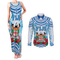 Personalised Fiji Ratu Sir Lala Sukuna Day Couples Matching Tank Maxi Dress and Long Sleeve Button Shirt Hibiscus Tapa Pattern LT05 Blue - Polynesian Pride