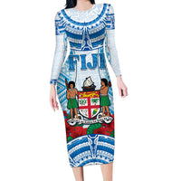 Personalised Fiji Ratu Sir Lala Sukuna Day Long Sleeve Bodycon Dress Hibiscus Tapa Pattern LT05 Long Dress Blue - Polynesian Pride