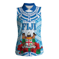 Personalised Fiji Ratu Sir Lala Sukuna Day Women Sleeveless Polo Shirt Hibiscus Tapa Pattern LT05 Female Blue - Polynesian Pride