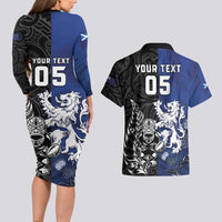 New Zealand And Scotland Rugby Custom Couples Matching Long Sleeve Bodycon Dress and Hawaiian Shirt Maori Tiki With Thistle Together LT05 - Polynesian Pride